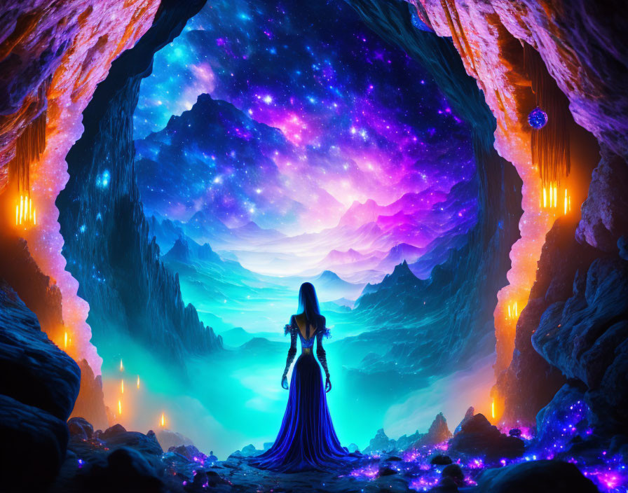 Silhouette of person in long dress at cave entrance with starry sky and mystical landscape.