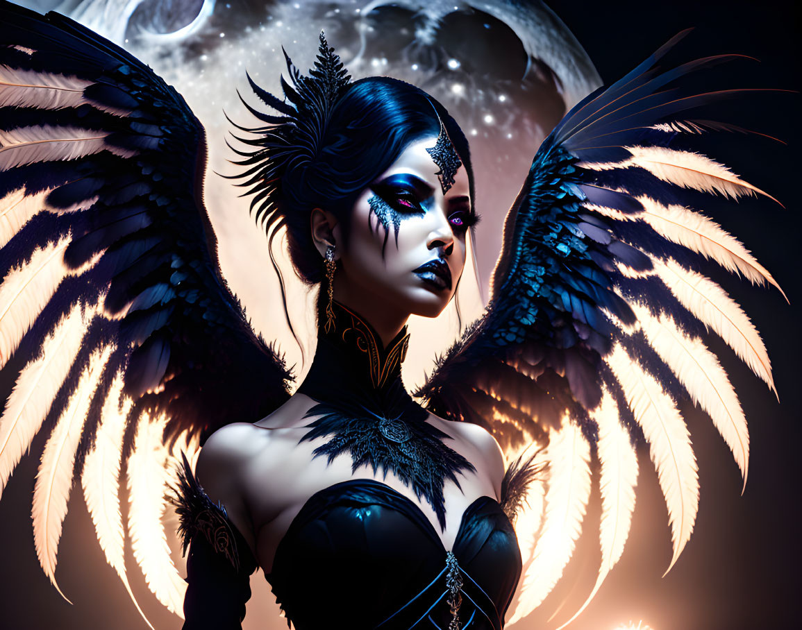 Digital artwork: Woman with dark angel wings, headdress, makeup, under moonlit night sky.