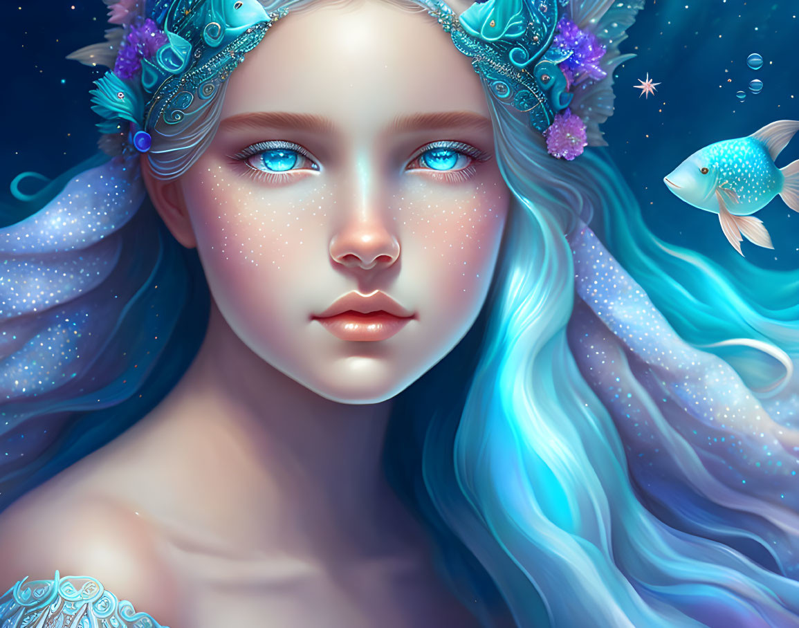 Fantasy illustration of a girl with glowing blue eyes and wavy blue hair, wearing a jeweled