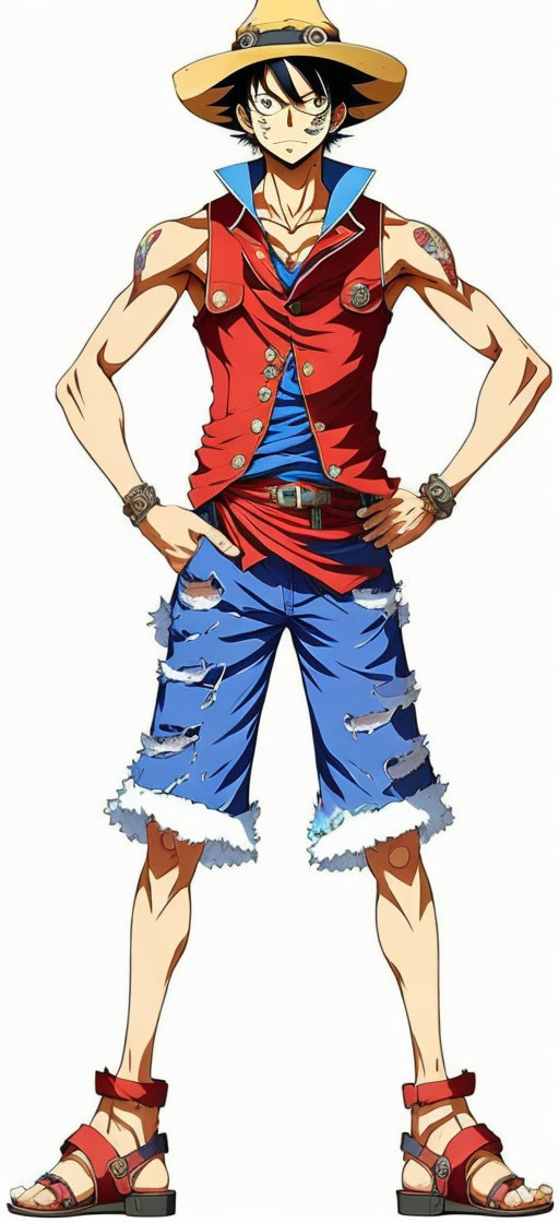 Anime character in red vest, blue shorts, sandals, straw hat, tattoos, confident stance