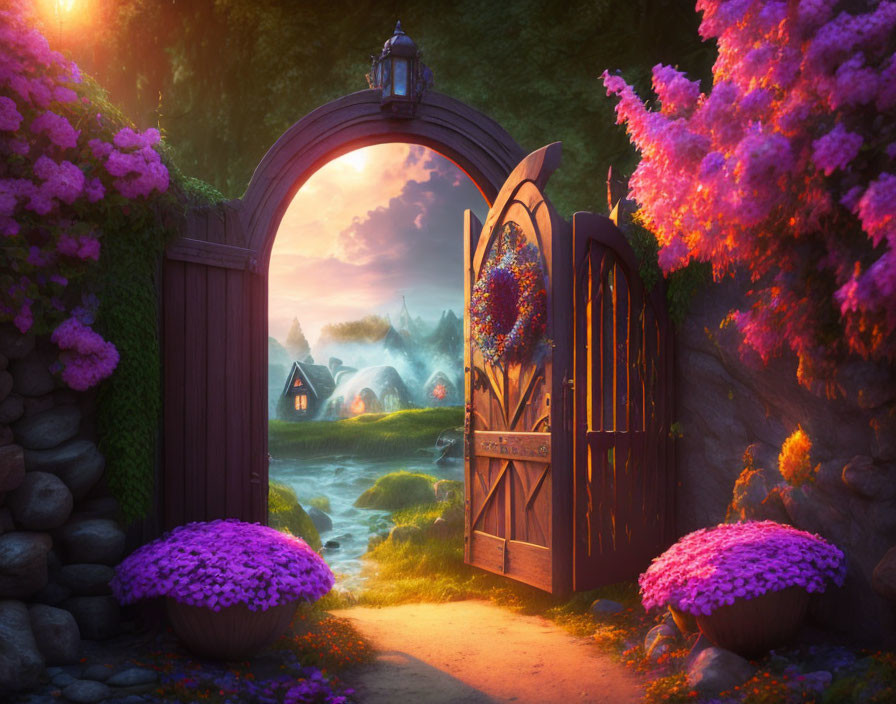 Rustic gate to magical village with quaint houses and pink flowers at dusk