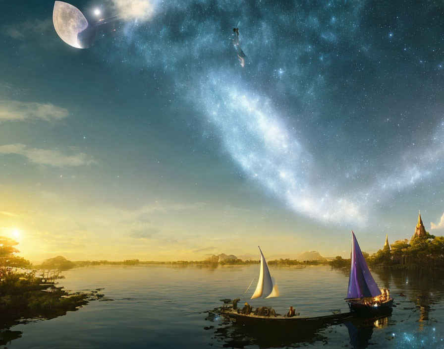 Sailboats on tranquil lake under starry sky with astronaut and crescent moon