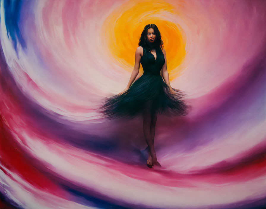 Woman in Black Dress Stands Amid Vibrant Swirling Colors