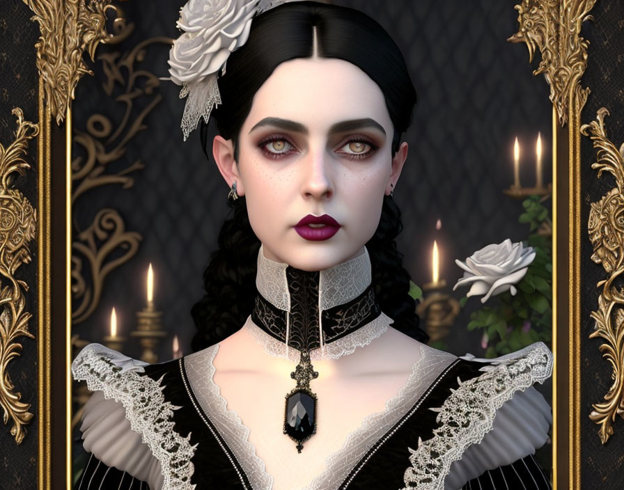 Portrait of woman with pale skin, dark hair, gothic makeup, Victorian dress, lace details.