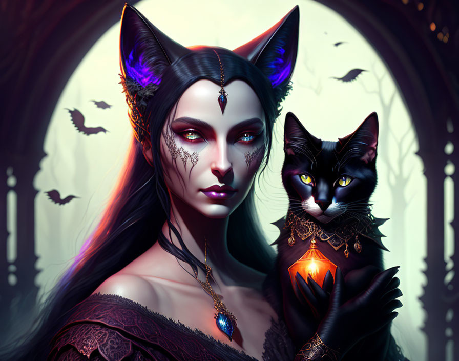 Mystical woman with cat-like features and black cat in gothic scene.