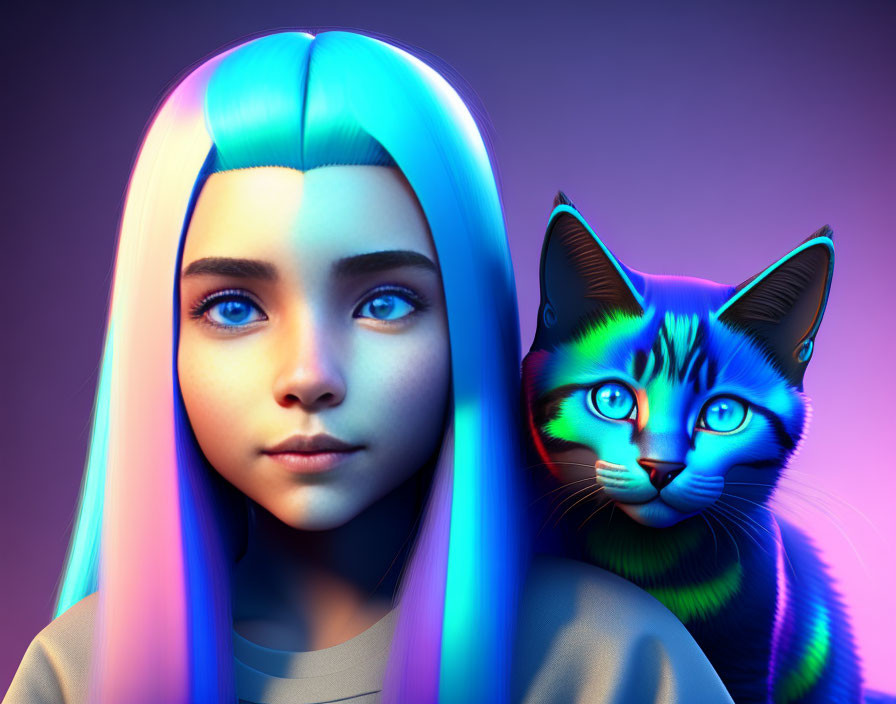 Digital art: Blue-haired girl and neon cat under purple light