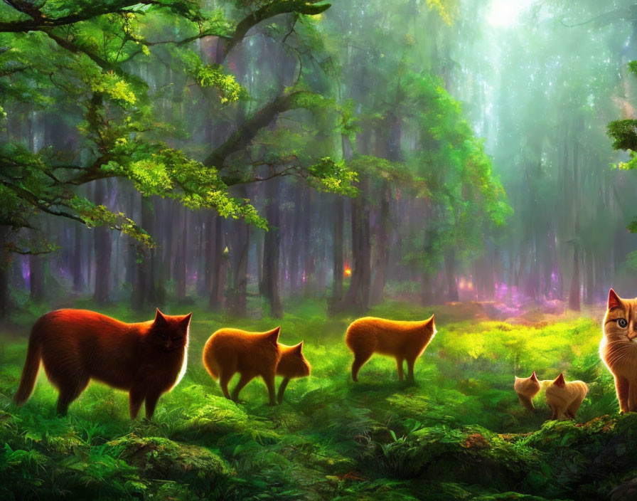 Tranquil forest scene with sunlight and five cats of different sizes and vibrant red fur