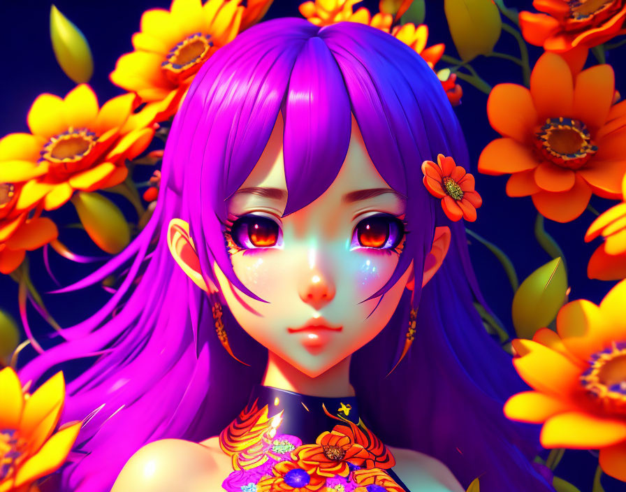 Colorful female character with purple hair and eyes, orange flowers on deep blue backdrop