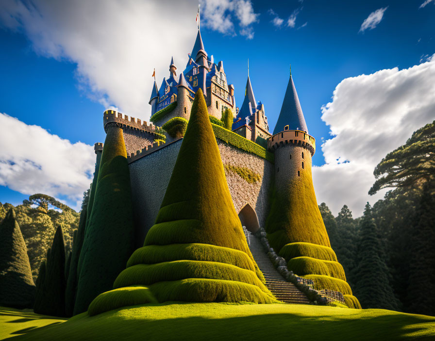 Majestic fairytale castle on lush hill with terraced gardens