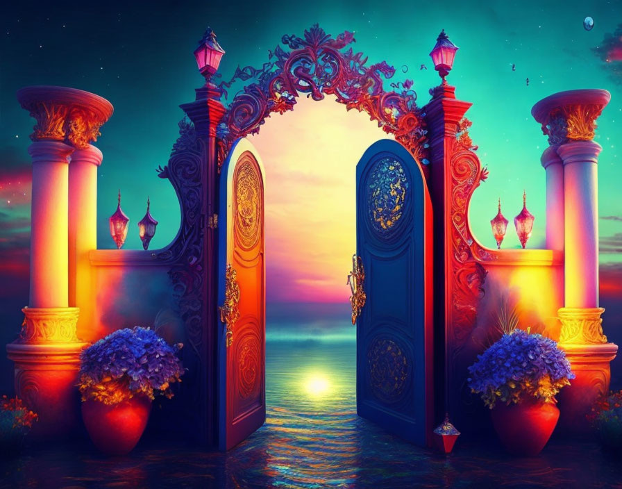 Ornate Open Gateway Frames Vibrant Sunset and Tranquil Sea