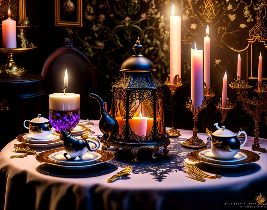 Elegant Table Setting with Lit Candles and Fine China