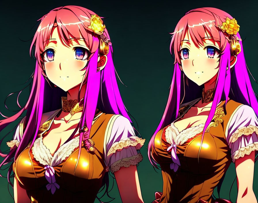 Identical anime girls with pink hair and blue eyes in brown dresses on dark background