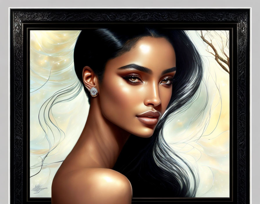 Digital portrait: Woman with dark hair, striking makeup, and diamond earring