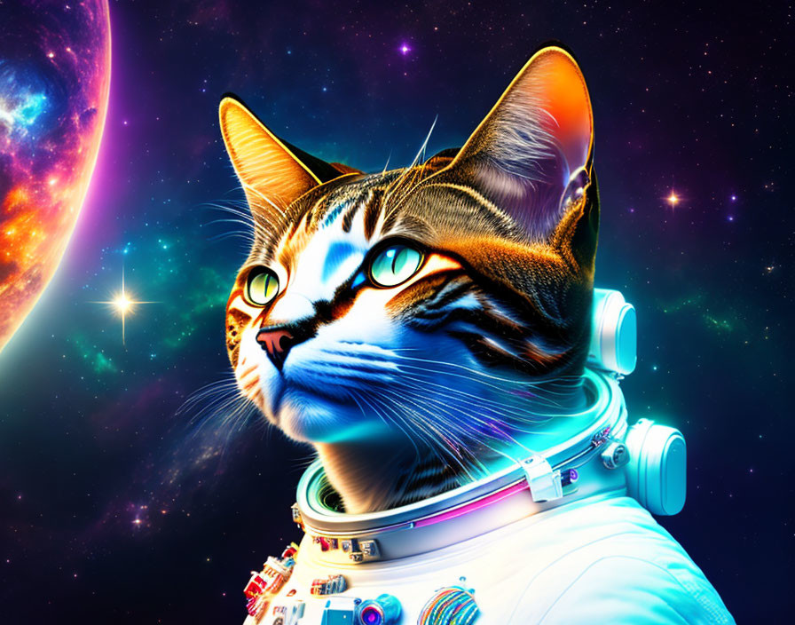 Cosmic Cat in Space Helmet on Vibrant Galactic Background