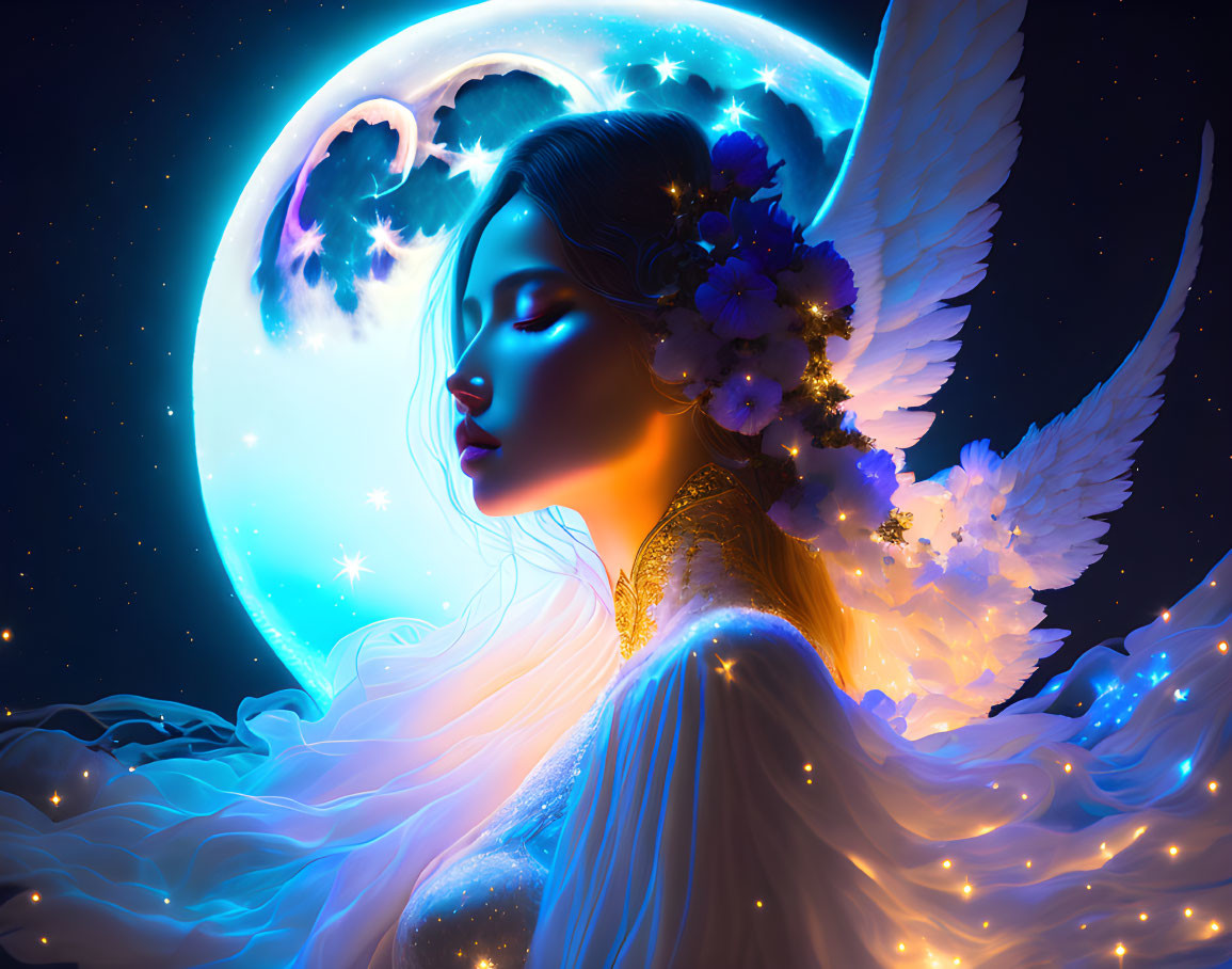 Celestial angel with wings in moonlit sky surrounded by stars and flowers