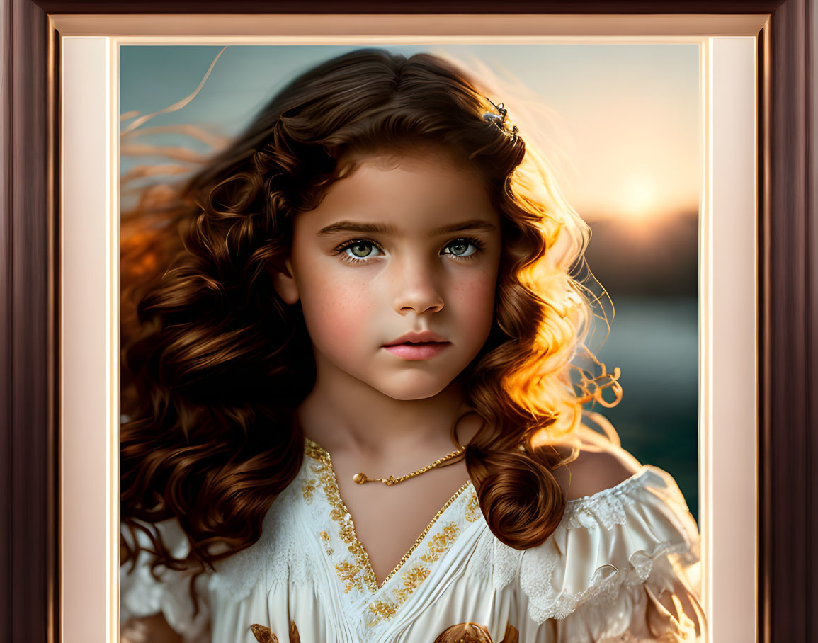 Young girl with curly hair and intense blue eyes in white and gold dress against warm sunset.