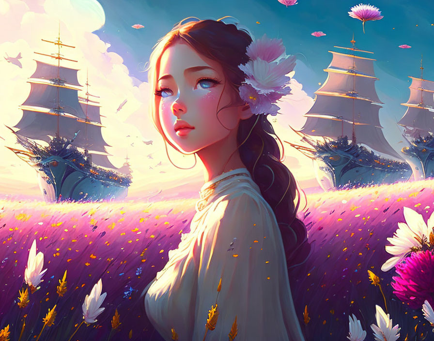 Fantasy field woman illustration with sky ships