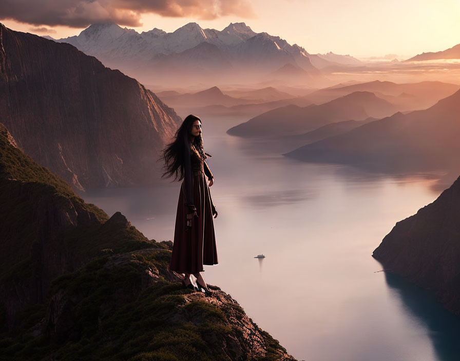 Woman on mountain overlook admiring rugged peaks, serene lake, and sunset landscape