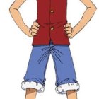 Anime character in red vest, blue shorts, sandals, straw hat, tattoos, confident stance