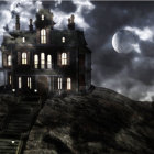 Victorian mansion under full moon with bats, figure, iron gates, and lamp posts