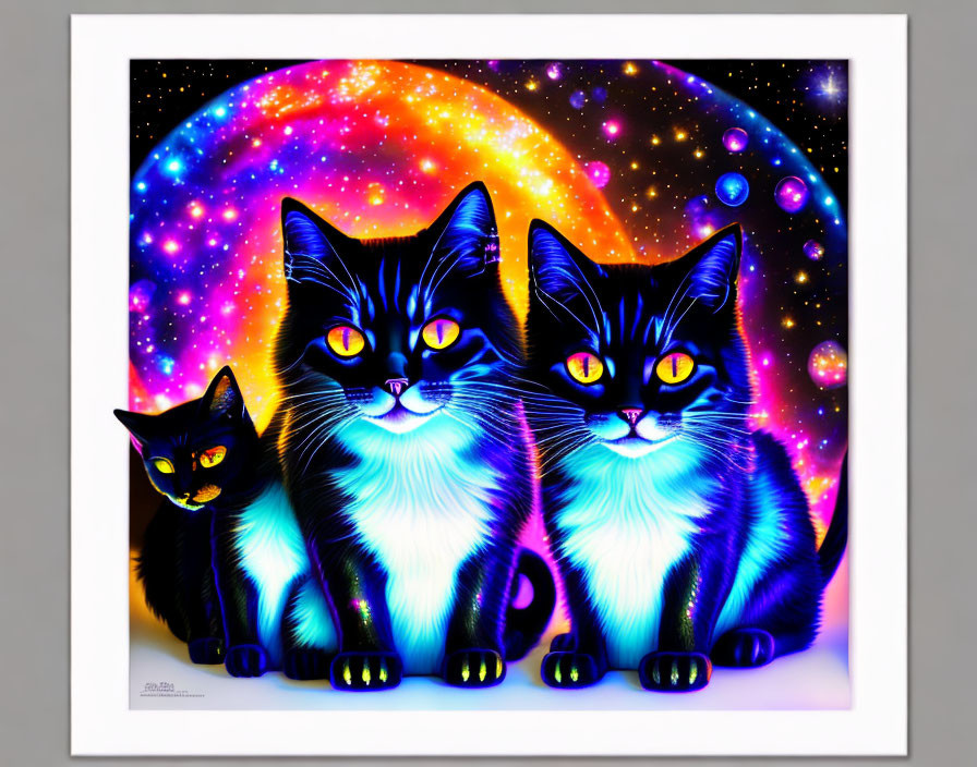 Vivid Blue Fur Cats in Cosmic Background