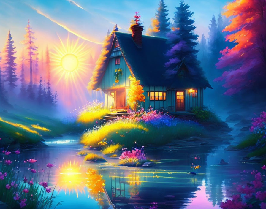 Tranquil streamside cottage with vibrant flowers at sunset