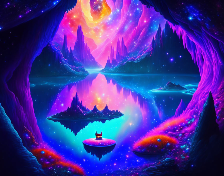 Person in boat on serene lake in vibrant cave with colorful nebulae and glowing flora.