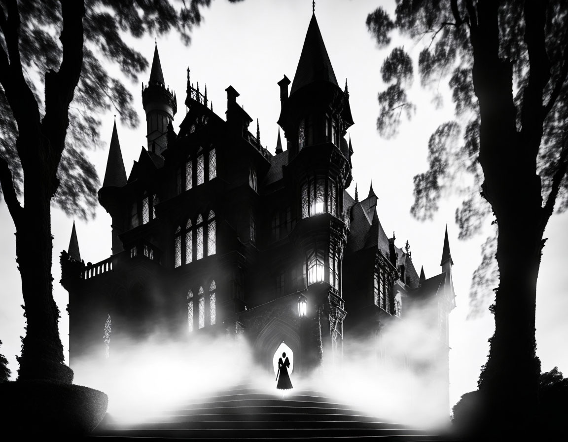 Person at base of misty Gothic mansion stairs flanked by trees