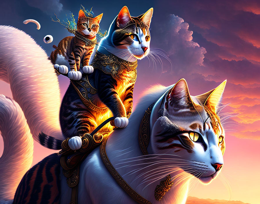 Three majestic cats in ornate armor under a vibrant sunset sky and crescent moon