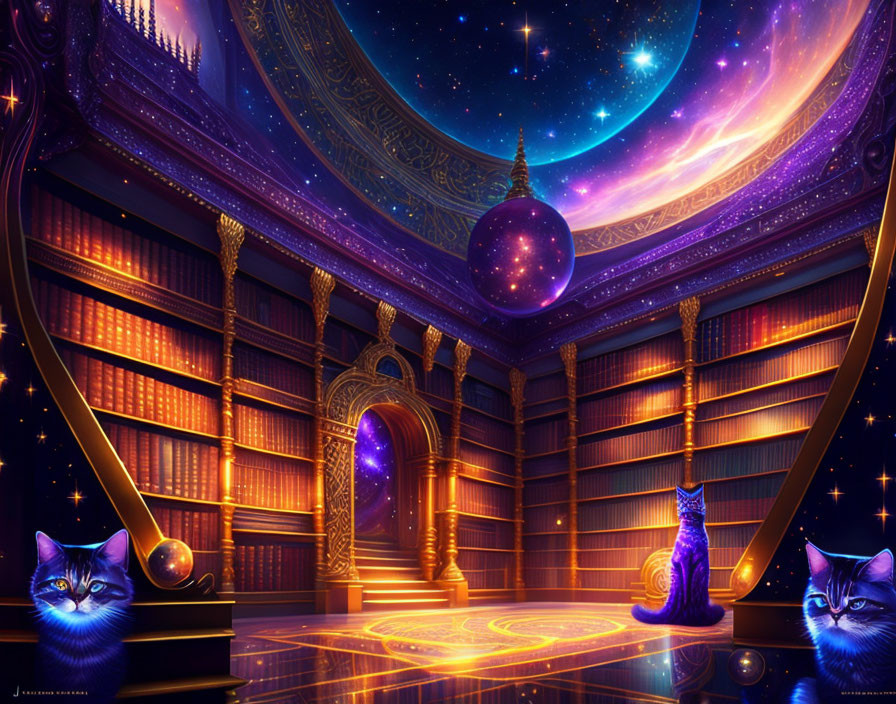 Cosmic-themed library with starry night sky, moon, orbs, and blue cats