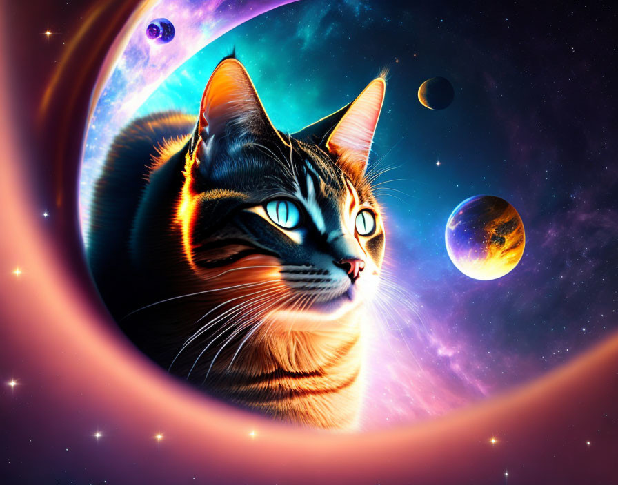 Majestic cat with blue eyes on vibrant cosmic background