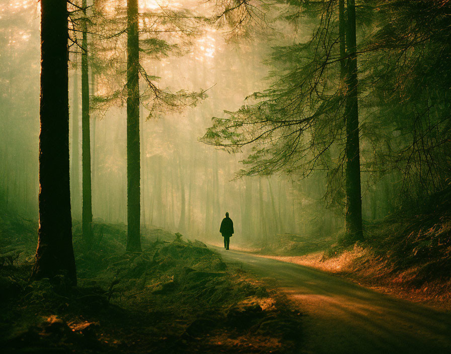 Solitary figure walking in misty forest path