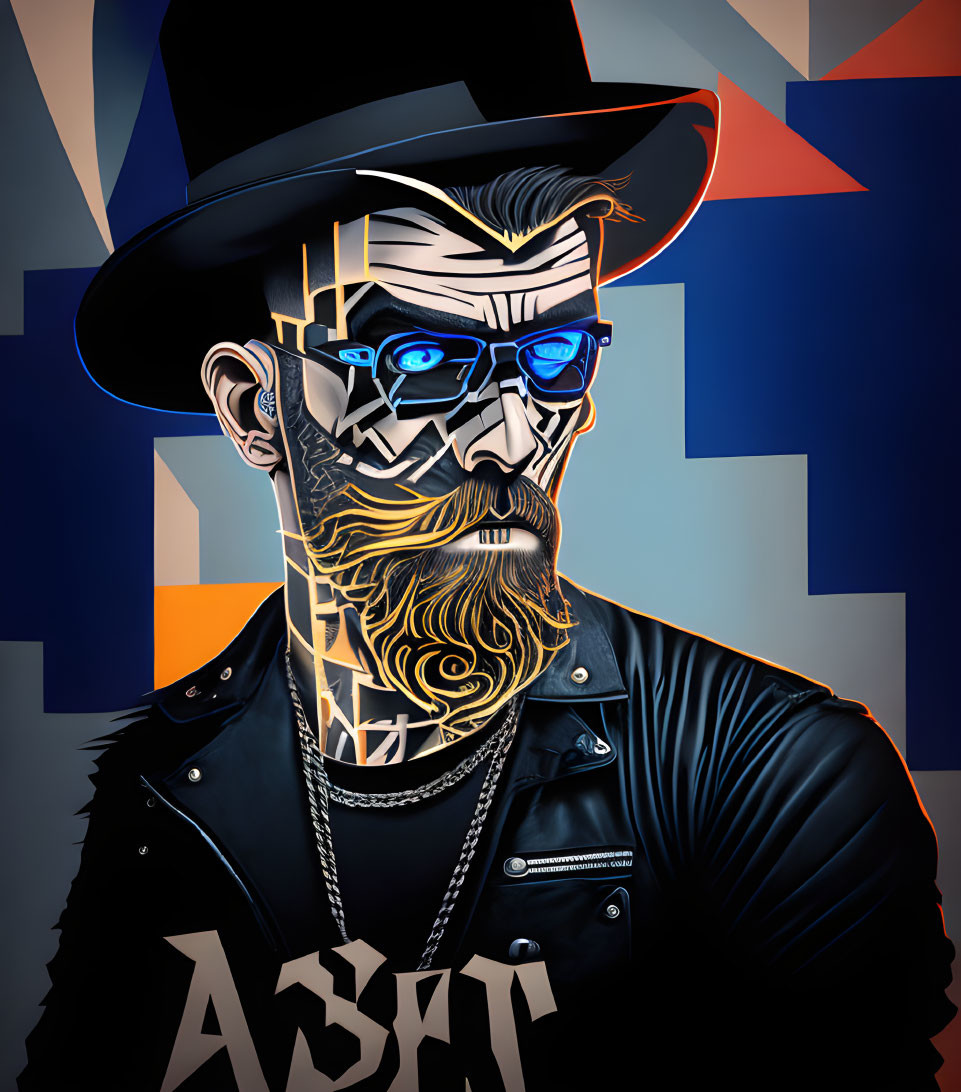 Bearded man with tattoos in sunglasses and hat on colorful geometric backdrop