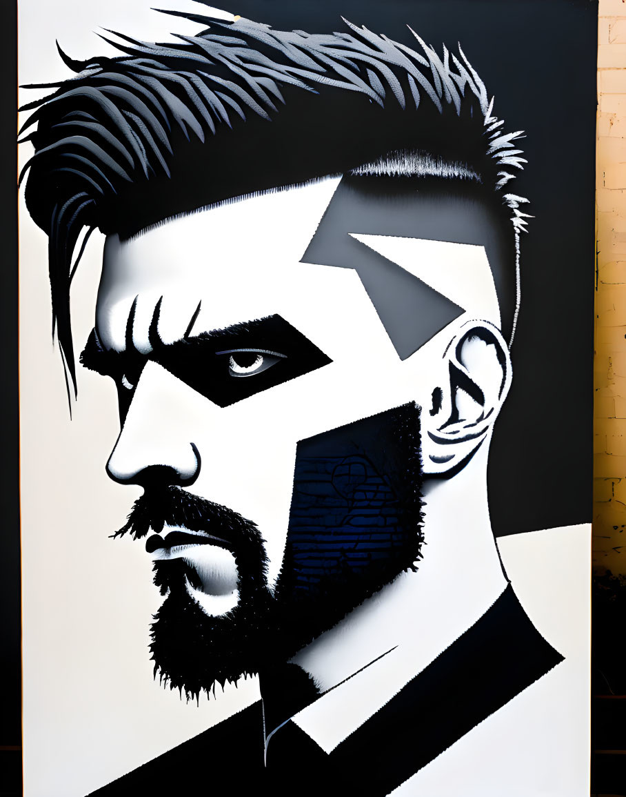 Monochrome mural featuring bearded man with geometric patterns.