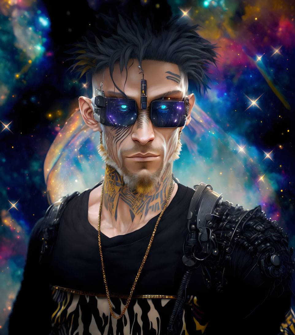 Futuristic man with cyberpunk glasses, tribal tattoos, and cosmic backdrop