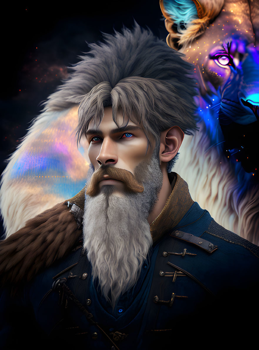 Man with Beard and Blue Eyes in Fur-Trimmed Coat with Spectral Lion