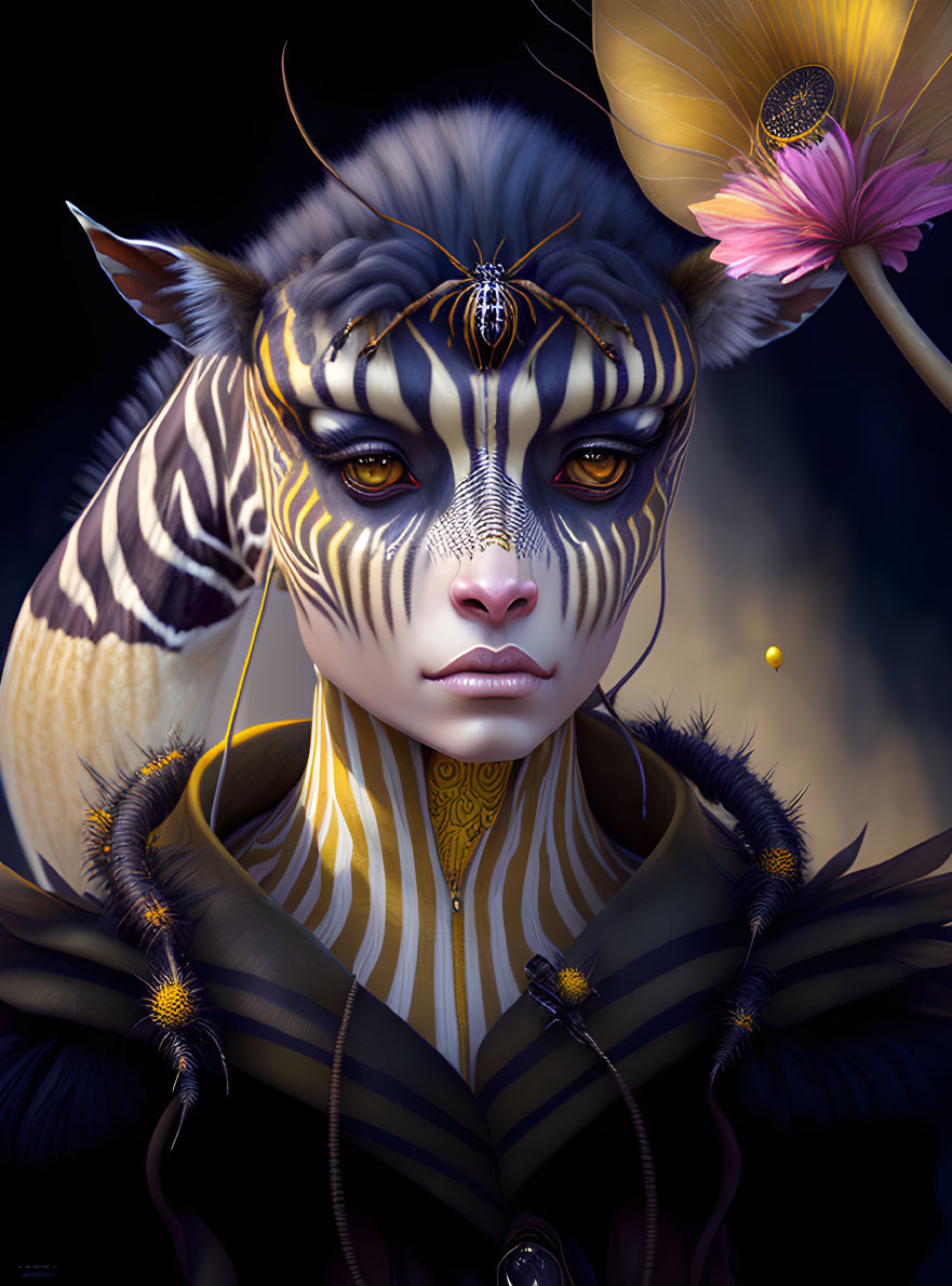 Digital artwork: Humanoid with tiger-like features and golden floral patterns, mystical jewelry, surrounded by lum