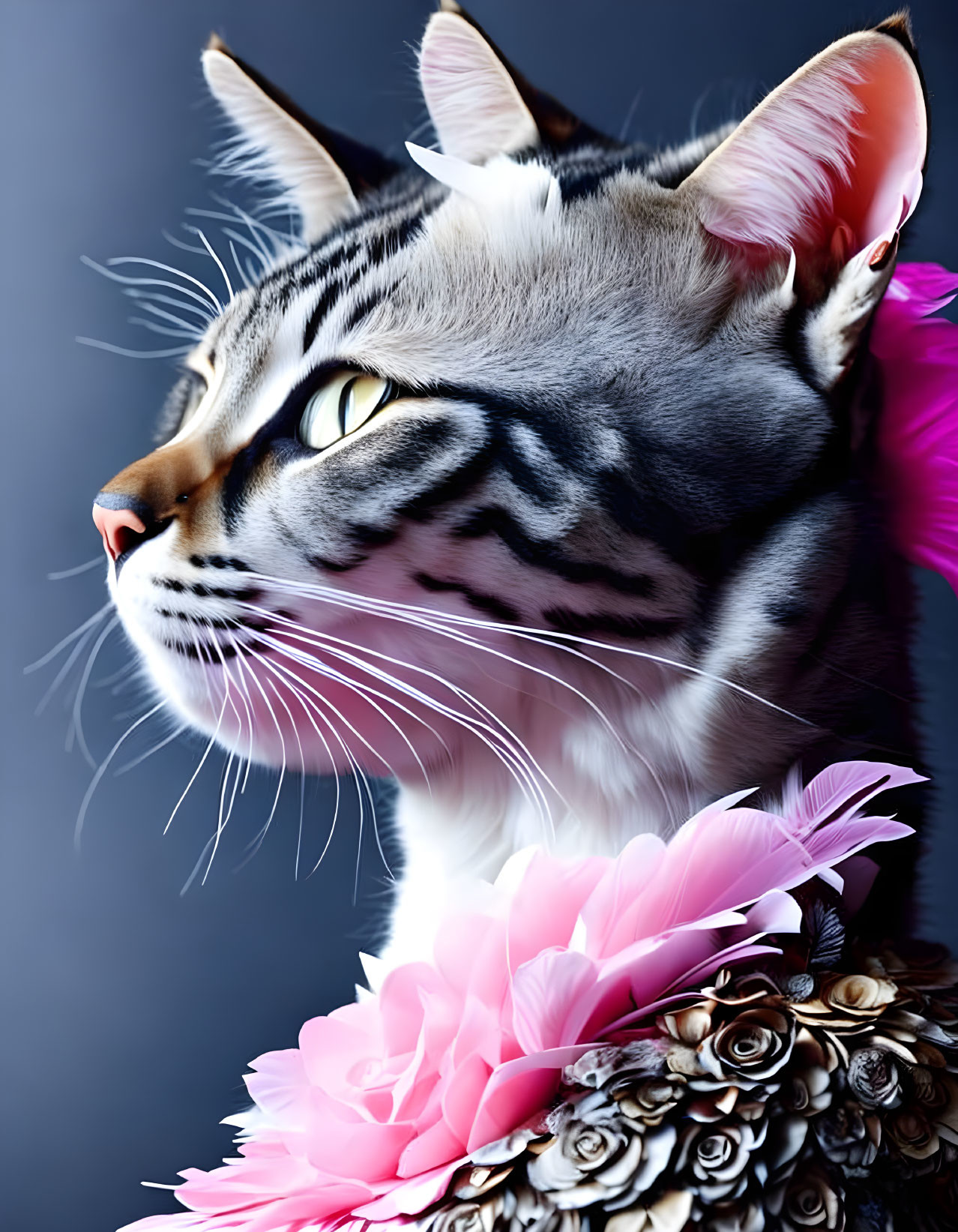 Tabby cat with pink flowers and pine cones on striped fur and piercing gaze.