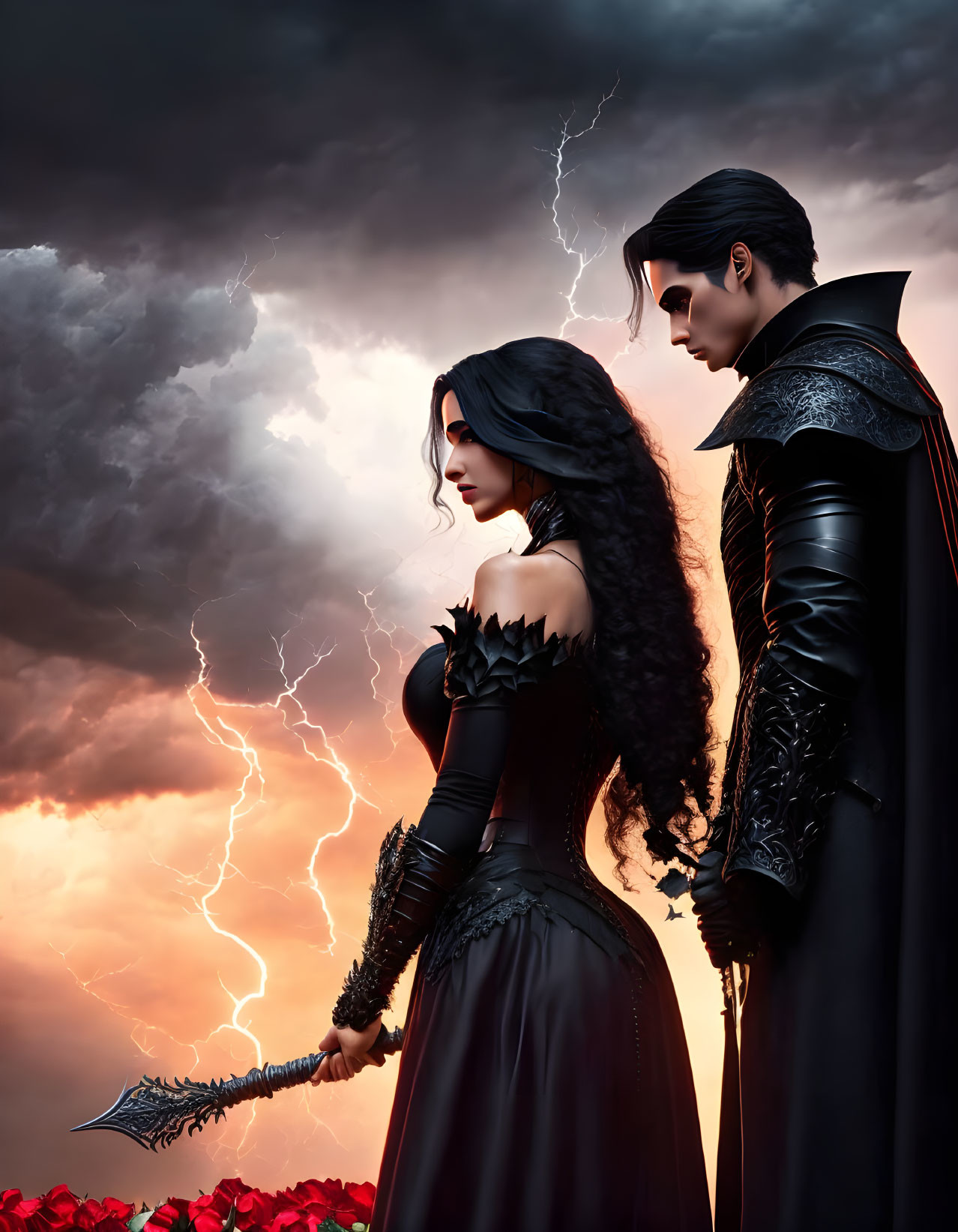 Man and woman in gothic attire against stormy sky and roses.