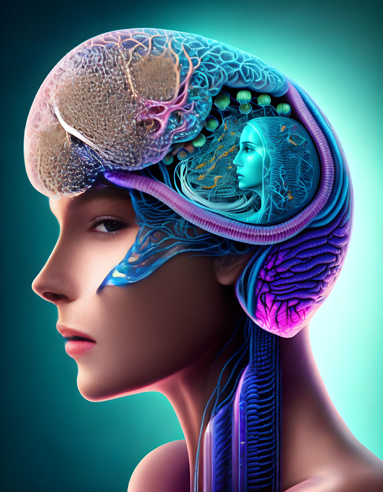 Detailed digital artwork of woman's profile with mechanical brain structure blended in.