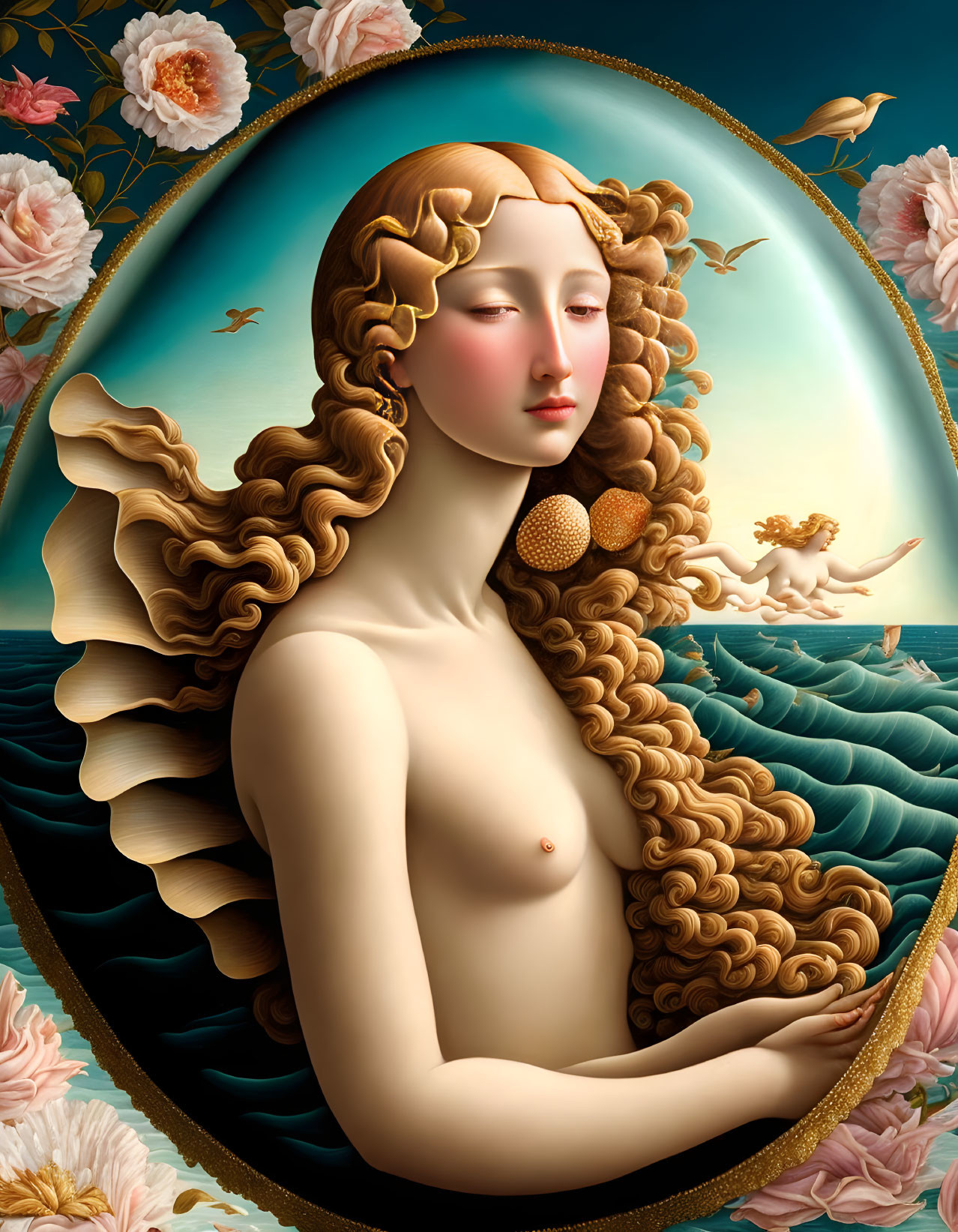 Surrealist woman portrait with curly hair in oval frame against seascape and cherub.