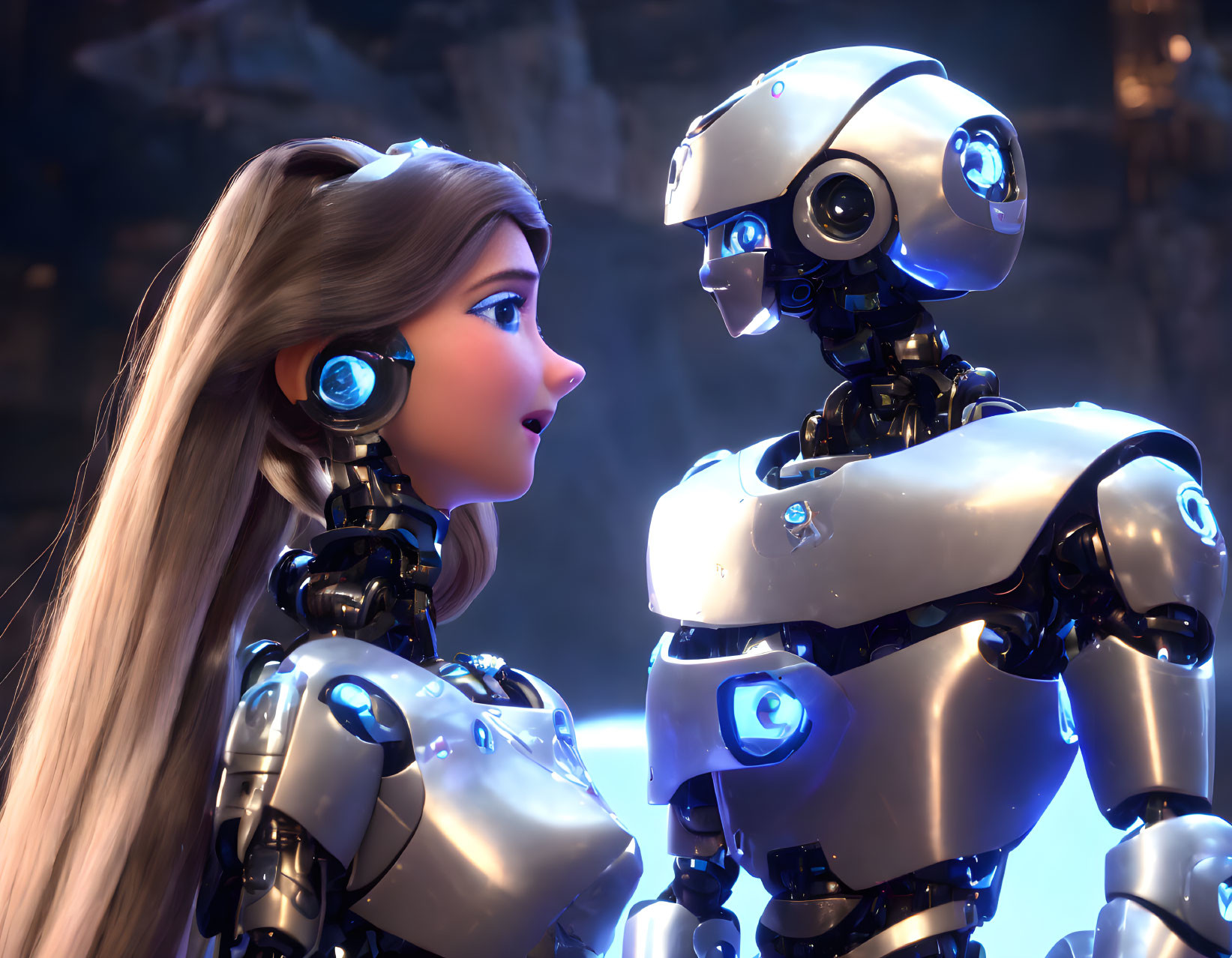 Female and male humanoid robots with intricate designs in a 3D render