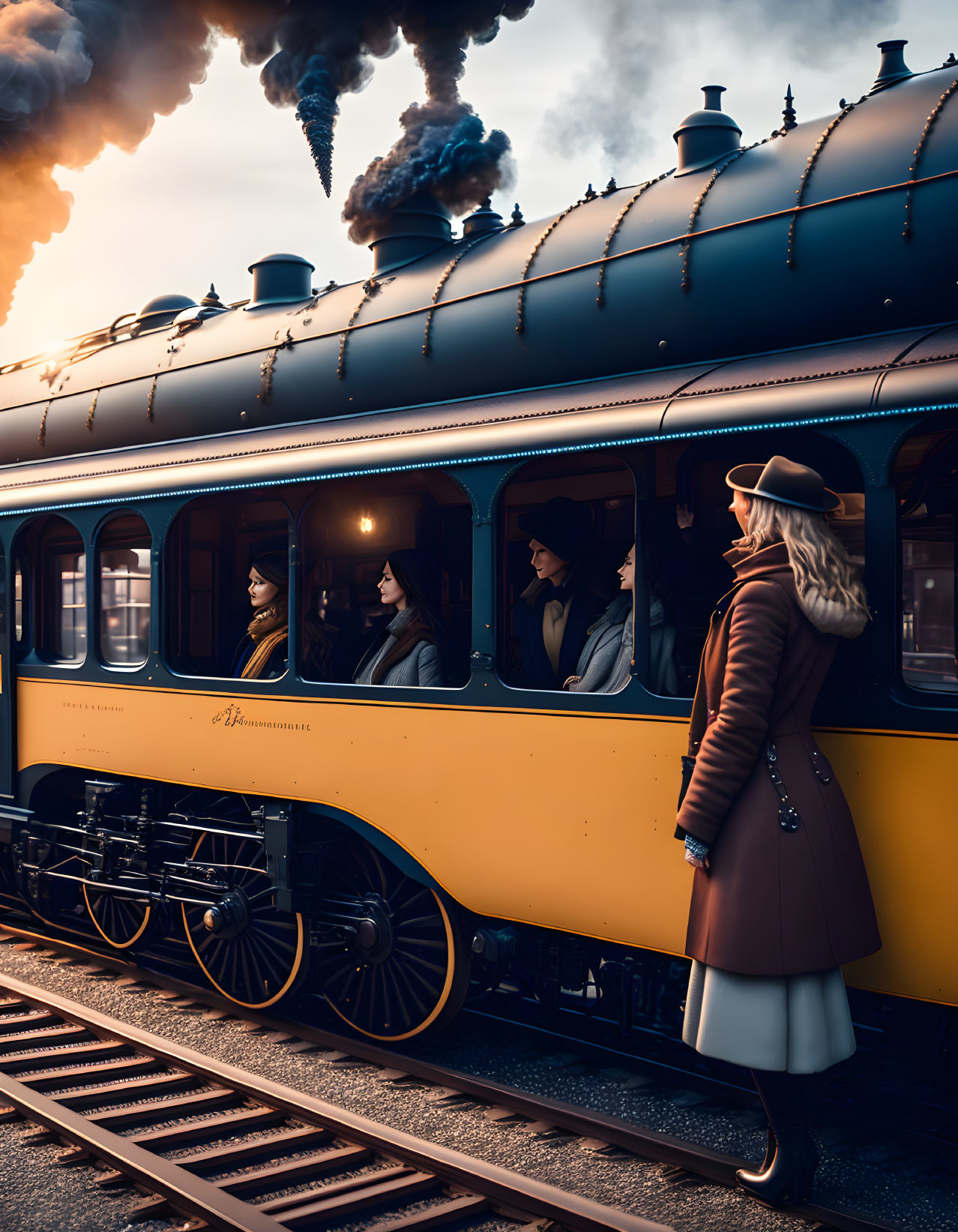 Woman in coat and hat by vintage train with passengers and steam at sunset