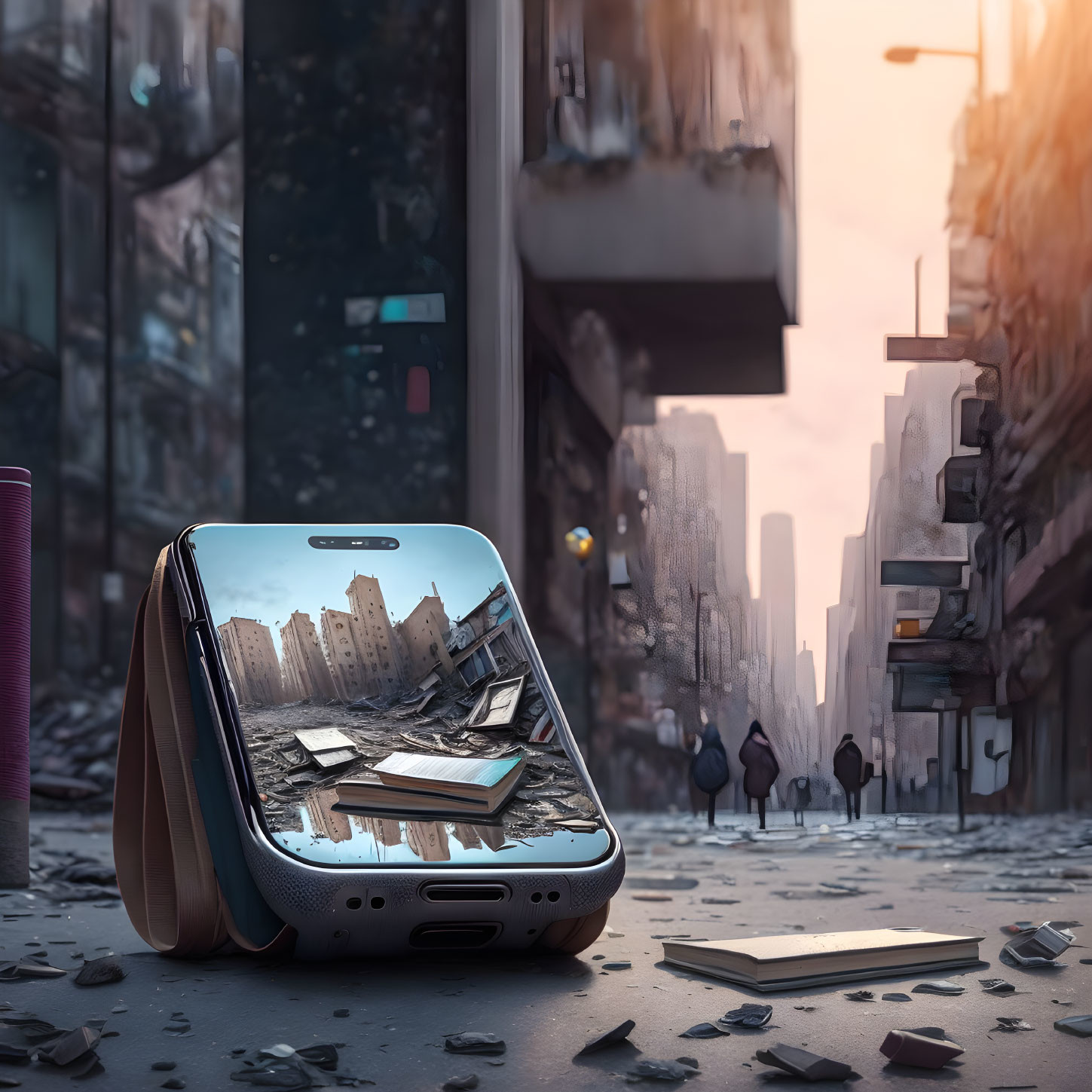 Giant flip phone on deserted street with small figures, books, urban decay