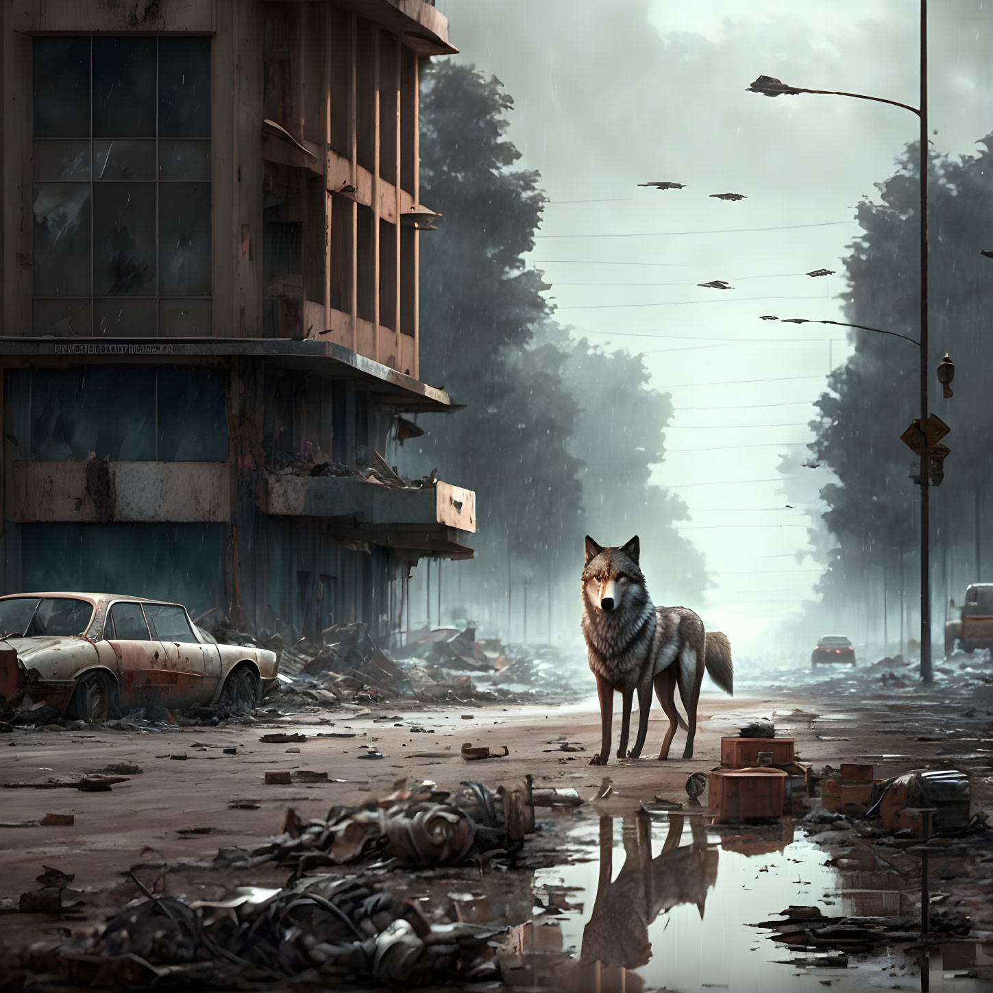 Desolate post-apocalyptic streetscape with lone wolf.