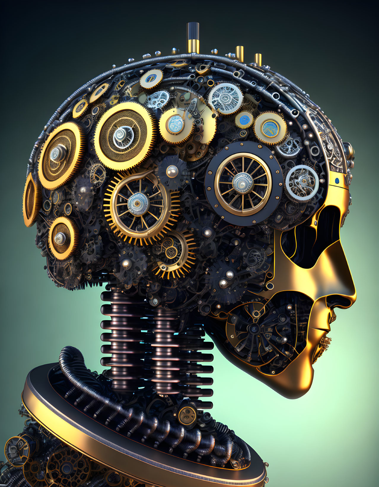 Digital artwork: Humanoid head with mechanical gears on gradient background