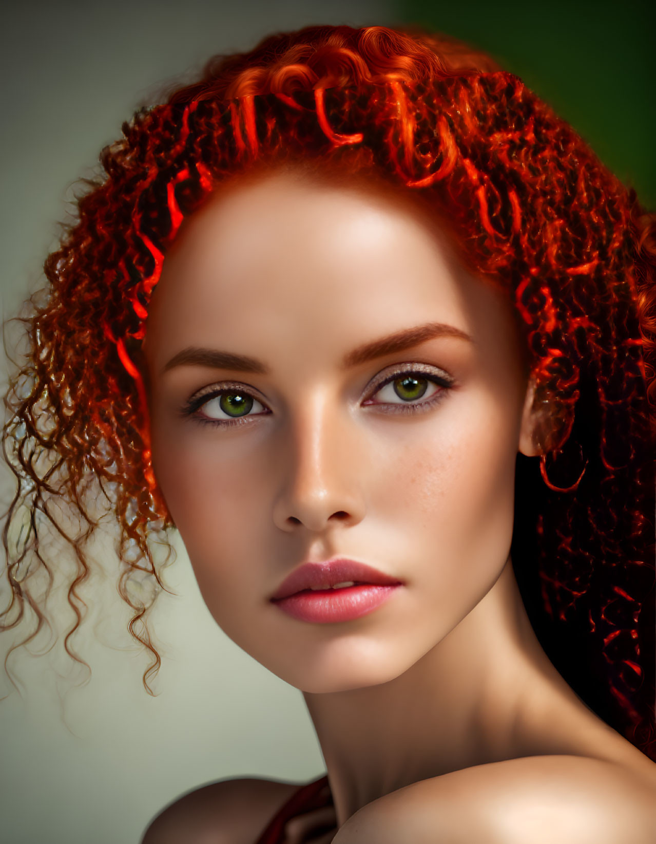 Vibrant portrait of a woman with green eyes and red curly hair