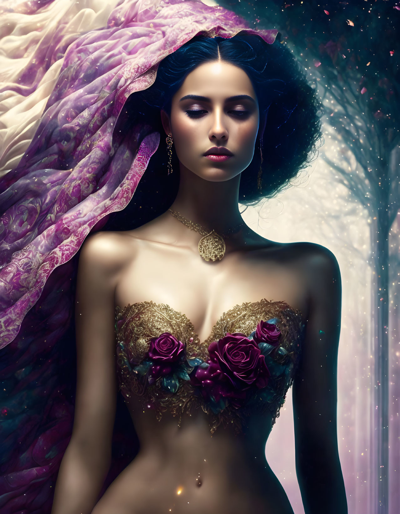 Woman with closed eyes in cosmic backdrop adorned with floral bodice and violet shawl