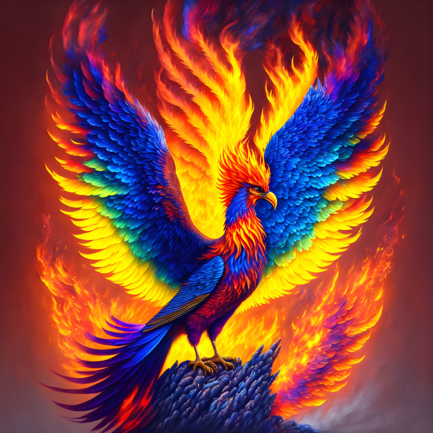 Colorful Phoenix Spreading Wings in Flames