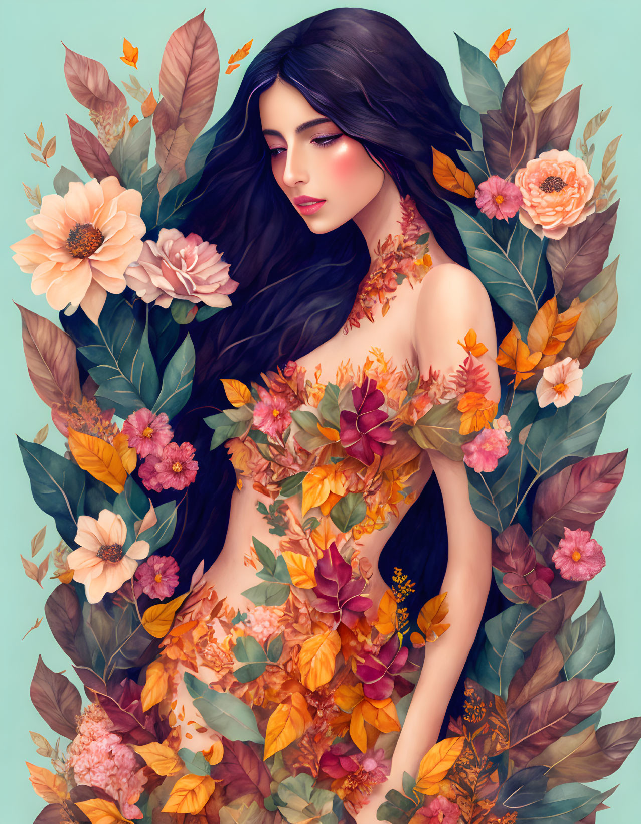 Illustration: Woman with long black hair in nature-themed artwork